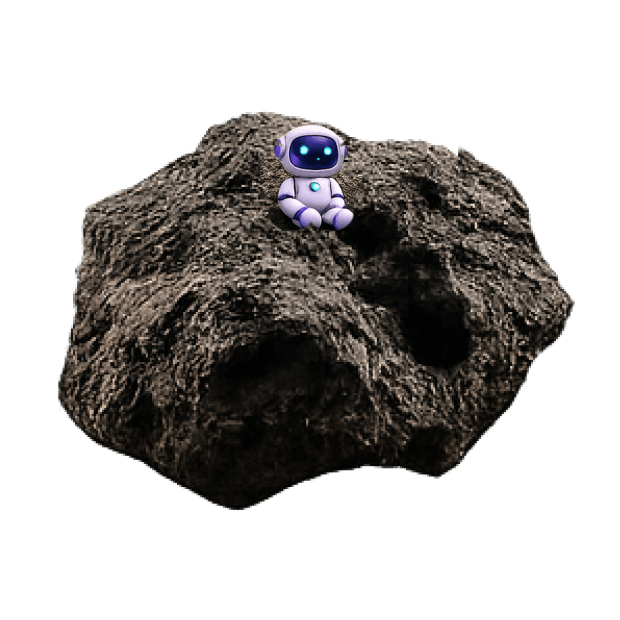 Bare rock in space with a small robot sitting on it