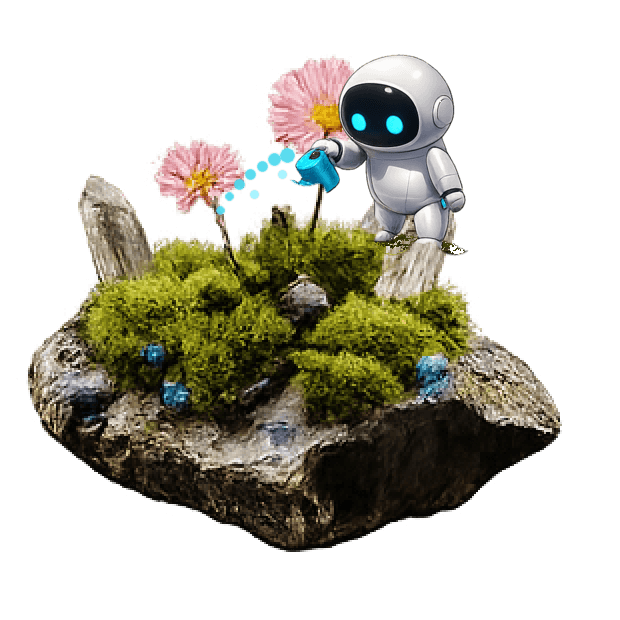 The rock is in bloom while the robot waters the flowers