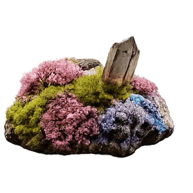 The same rock, now with moss and a crystal