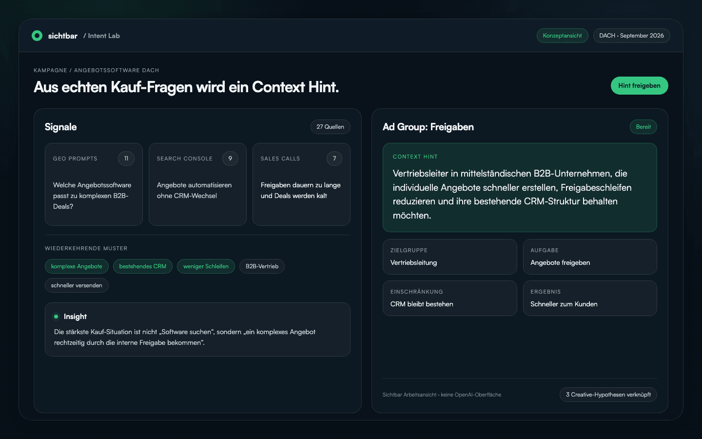 Sichtbar Konzeptansicht für ChatGPT Ads mit Kauf-Fragen, Quellen, Context Hint und Ad-Group-Zuordnung